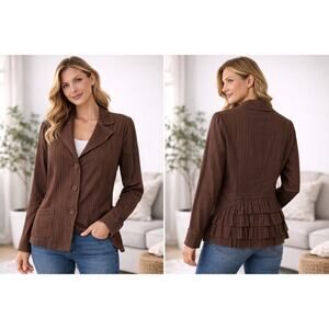6 Degrees Brown Pinstripe Button Front Blazer Jacket Ruffle Back Cotton XL
